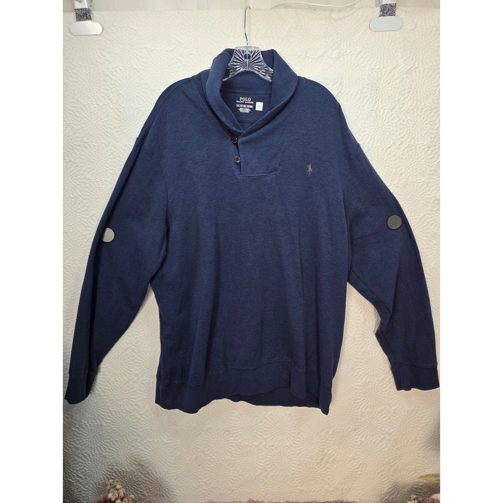 Polo Ralph Lauren Pullover Sweater Men XXL Navy Blue Good Shawl Collar Button